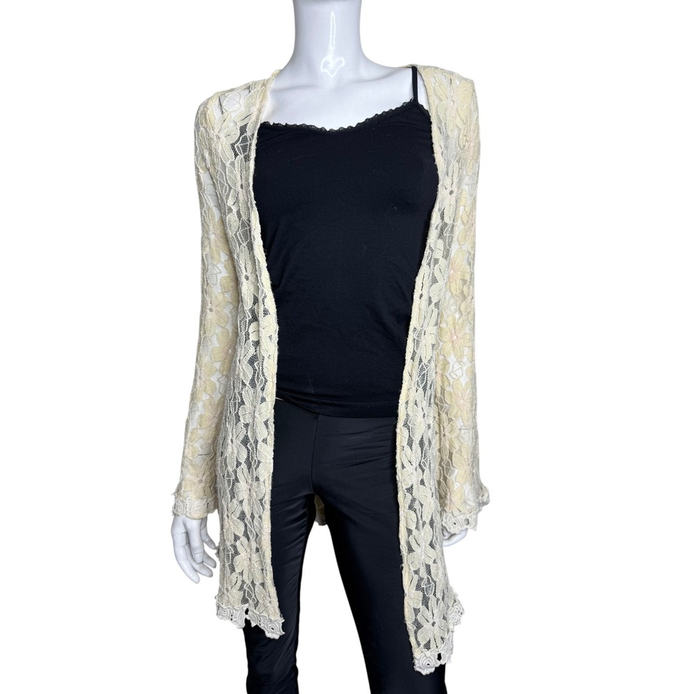 Love Sadie Womens Cream Floral Lace Open Front Duster Cardigan Small